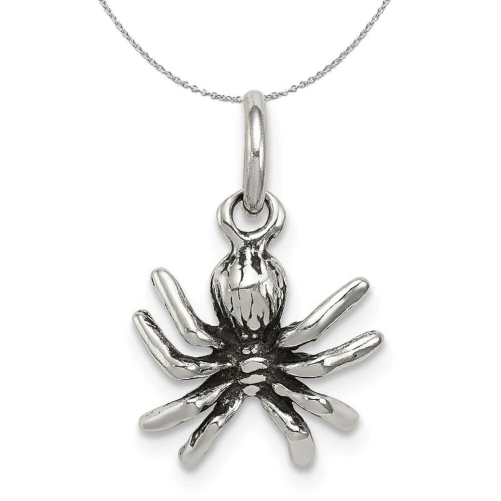 Sterling Silver Small 3D Antiqued Spider Necklace - 24 Inch